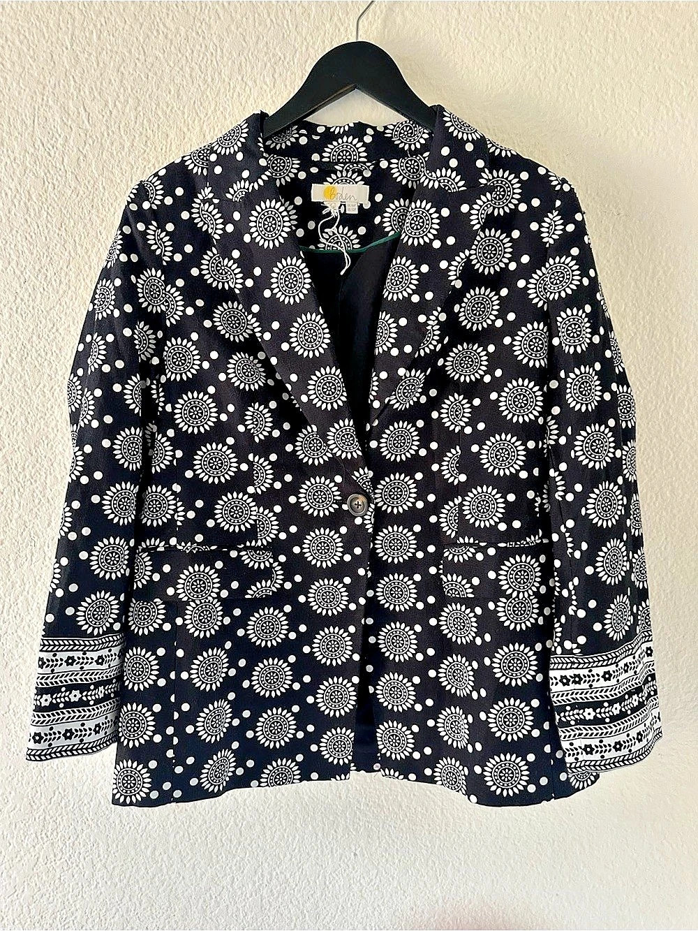Boden Thea Tailored Linen Blazer Jacket Black Sun Geo Medallion NWOT 12P